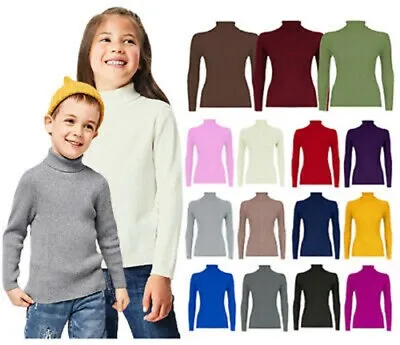Girls Ribbed Polo Neck Jumper Tops New Baby Kids Long Sleeve Shirt Boys 5-13 Yrs • £6.49