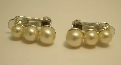 Vintage Signed Marvella Faux Pearl Silver Tone Clip Earrings • $6.59