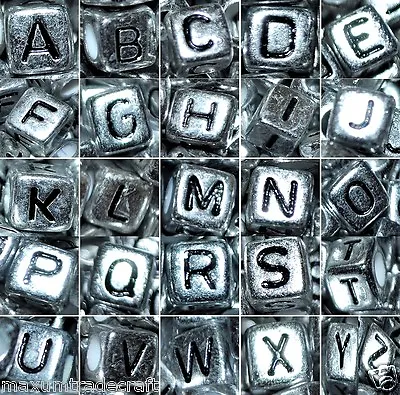 50/100 Pcs 6mm Silver Cube Single Alphabet Letter Beads Single And Mixed Letters • £2.49