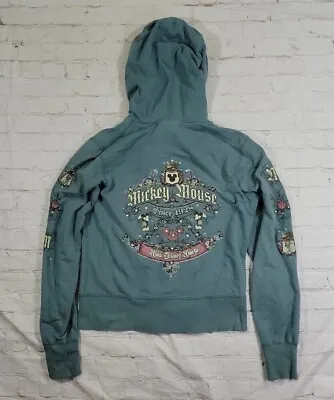 Disney World Mickey Mouse Rhinestone Green Full Zip Hooded Jacket Size Med FLAWS • $15.30