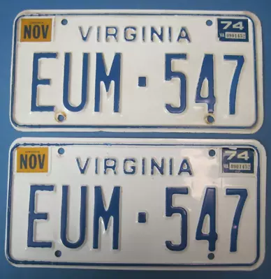 1974 Virginia License Plates Matched Pair • $25