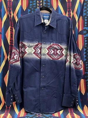 Vintage Wrangler Western Shirt Men's Long Sleeve Pearl Snap Aztec Large Blue • $39.99