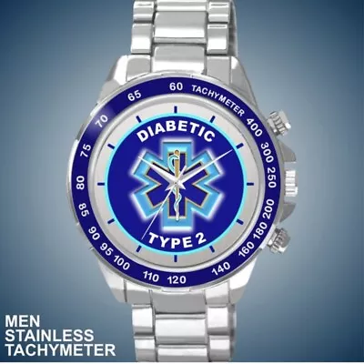 Diabetic Type 2 Blue Star Of Life Cross Medical Alert ID Man’s Tachymeter Watch • $48.98