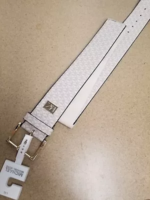 Michael Kors Women Wide Leather Belt Mk Logo Gold Buckle W Elastic White  L/xl • $22.98