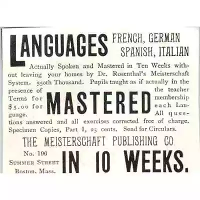 Master Language In 10 Weeks Meisterschaft Publishing C1890 Victorian Ad AE8-CH10 • $27