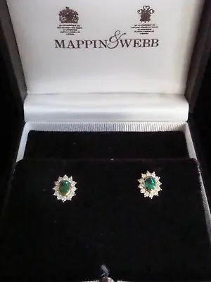 Stunning 18ct Mappin And Webb Natural Emerald 0.80ct Diamond Cluster Earrings • £1895