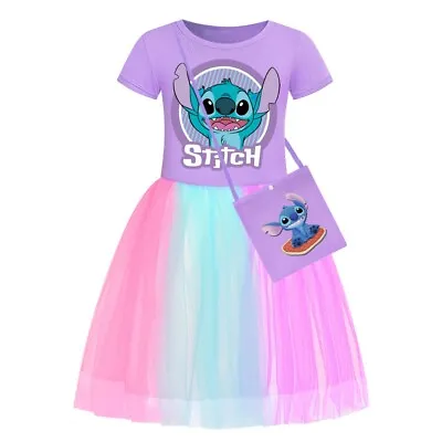 Kids Girls Stitch Rainbow Stars Tulle Princess Party Fancy Tutu Dress With Bag • £9.49