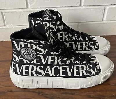 $725 New Men's VERSACE Logo High-Top Sneakers Black White Size 42 US 9 • $499.99