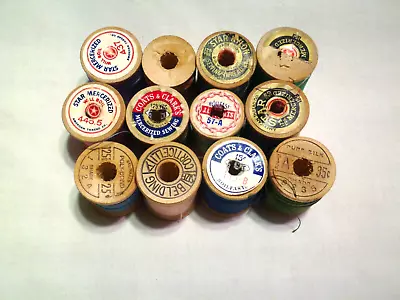 Lot Of 12 Sewing Thread On Vintage Wood Spools JP Coats Clark USA Partially Full • $0.99