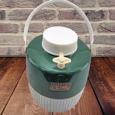 Vintage Coleman Water Cooler Drink Dispenser With Cup Green White 1 Gallon -Used • $25.50
