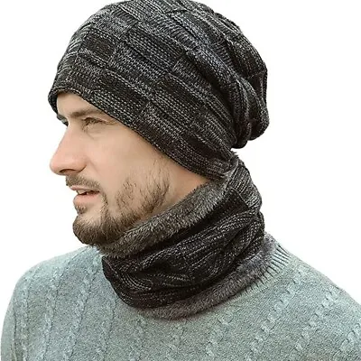 Men's Winter Beanie Hat And Scarf Set Unisex Warm Plush Knitted Cap UK Hot Sale • £4.98