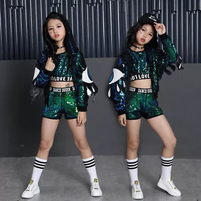 2024Kids Performance Sequins Modern Hip Hop Street Dance Wear Costume Clothes • $45.31