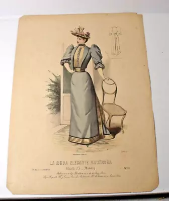 1892 Antique French Hand Colored LA MODE ELEGANTE ILLUSTRADA Fashion Print (26) • $18