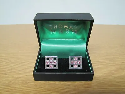 £6.50 • Buy Thomas Nash Square Cuff Links With Squares Pink Diamantes Rhodium Plated Boxed