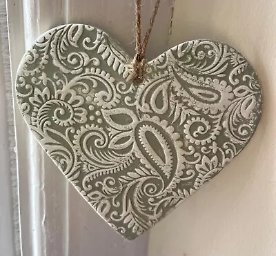 Large Shabby Chic Sage Green Paisley Flowery Hanging Heart (12x12cms) • £6.50