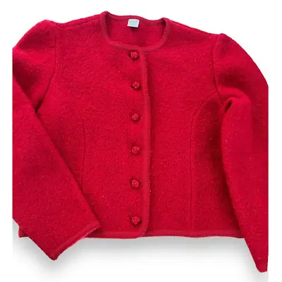 Vtg. Lands End Bouclé Jacket Wool Sweater Cardigan | Sz 10 Red Vintage • $50