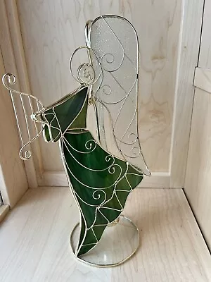 Vintage Green Gold Stained Slag Glass Angel Votive Candle Holder 15  Tall • $25