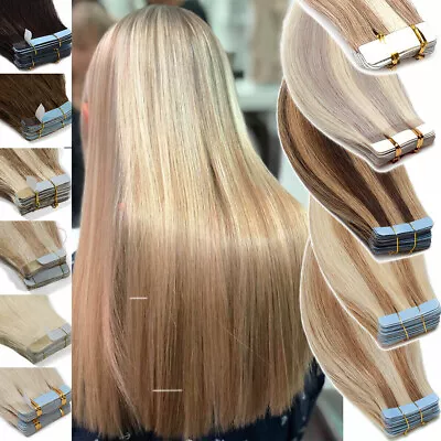 Tape In Human Hair Extensions Invisible Seamless Glue In Skin Weft European Hair • $30