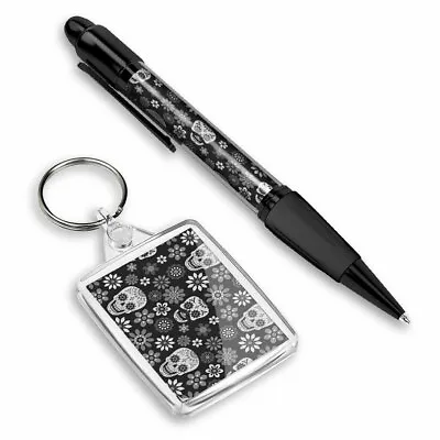 Pen & Keyring (Rectangle) - BW - Flowery Sugar Skull Floral Mexican #41459 • £6.99
