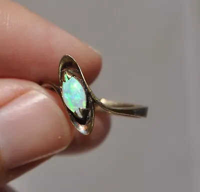 Vtg 14k Solid Gold Natural Opal Ring - Black Patina - Solitaire Marquise Sz 5.25 • $145