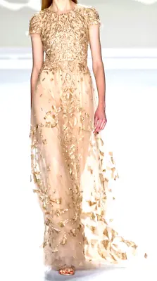 Monique Lhuillier Runway Embellished Gold Pink Nude Long Gown Tulle Dress US 2 4 • $1211.83