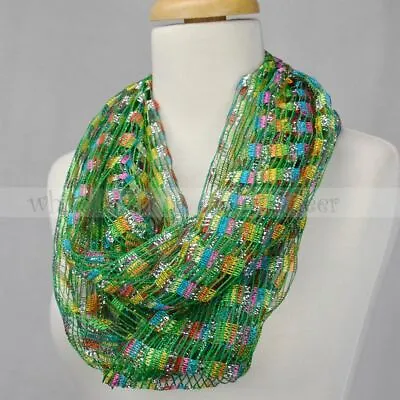 $6.95 • Buy Crochet Spring Summer Infinity Scarf Loop Multi Color Silver Thread Knit Fishnet
