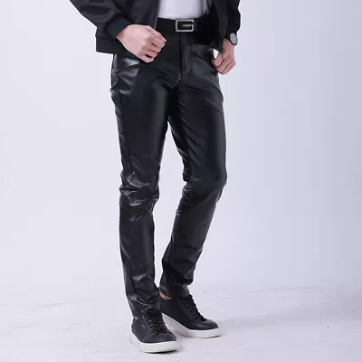 Mens Motorcycle Skinny Straight Faux Leather Pants Slim Thin PU Leather Trousers • $20.39