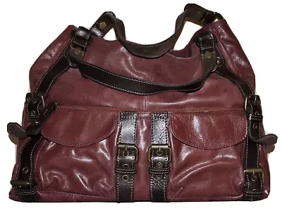 Vintage TANO Large Maroon & Brown Leather Slouchy Handbag • $14.99