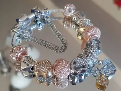 Silver Snake Chain Bracelet With Love Heart Padlock European Charms • $16