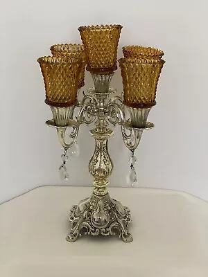 $49.99 • Buy Vintage Gold Brass Metal 5 Amber Cup Candle Holder Diamond Crystals Candelabra