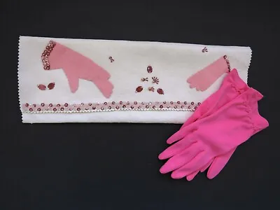 1950s Handkerchief Glove Bag Holder Handmade White Felt Pink Sequins Glitter • $18.99