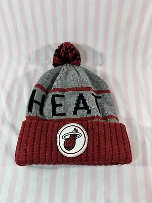 Miami Heat Beanie Hat Cap Toboggan Mitchell & Ness Pom Knit Winter Gray Red  • $15