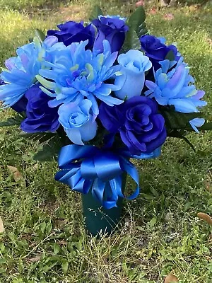 Cemetery Vase Memorial Silk Flower Arrangement Blue Light & Dark • $35