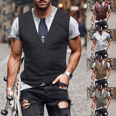 £11.16 • Buy Breathable Men's Short Sleeve Tee T Shirt With Fake Suit Bow Tie Print