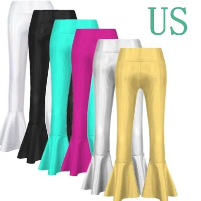 $14.79 • Buy US Girls Glossy Metallic Flared Pants Bell-bottoms Shiny Yoga Leggings Trousers