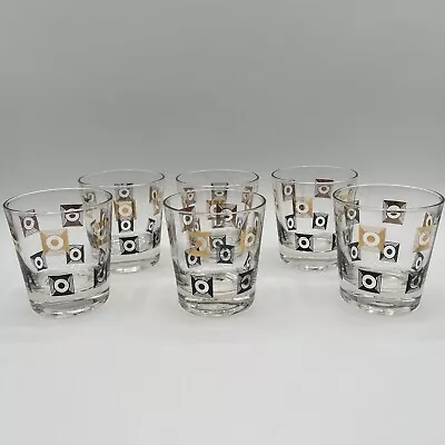 Vintage MCM Glasses Black Gold Low Ball Whisky Barware 6 Glasses Circle Square • $30