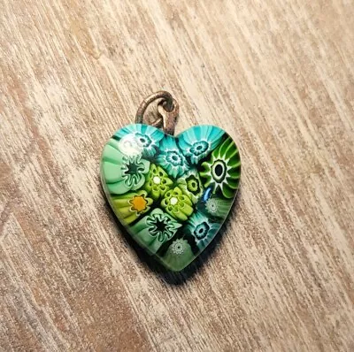 Millefiori Glass Heart Pendant Green Blue Yellow White • $12.99