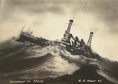 WWI RPPC Uss ￼Vermont In Storm￼ Navy ￼￼Battleship￼￼￼ World War 1 Postcard Photo • $17.53