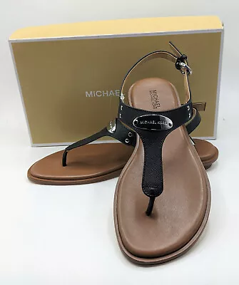 Michael Kors Women's Logo MK Plate Thong Leather Flat Sandal [Black Pick Size] • $49.99