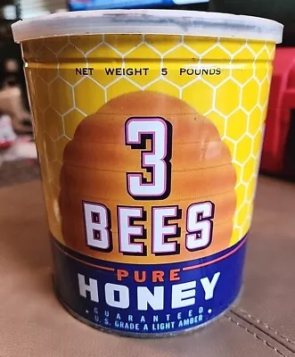 Vintage 3 BEES Honey 5lb Can Tin Advertising Great Graphics. Never Opened • $139