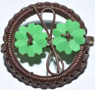 VINTAGE 1940s WORLD WAR 2 WW2 MAKE DO AND MEND GREEN AND BROWN FLOWER BROOCH • £19.99