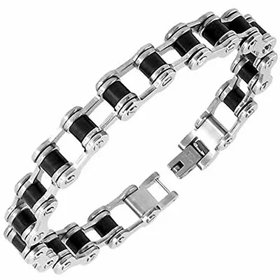 Stainless Steel Black Silver Two-Tone Link Bike Chain Mens Bracelet With Clasp • $12.99