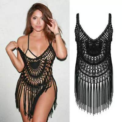 Women Lady Boho Beach Bikini Cover Up Dress Crochet Lace Fringe Summer Swimwear/ • $22.76