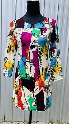 $39 • Buy Retro 60s Shift Floral Dress Colorful Pattern Long Sleeves Womens Size Medium