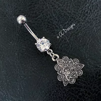 14g White Sparkle Cz Gem Boho Vintage Silver Lotus Belly Ring (B416) • $9.99