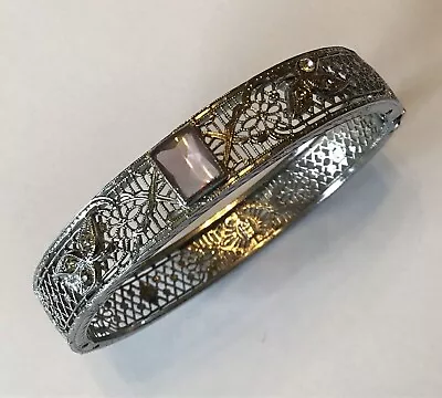 Vintage Art Deco Light Purple & Clear Rhinestone Filigree Hinged Bracelet • $145