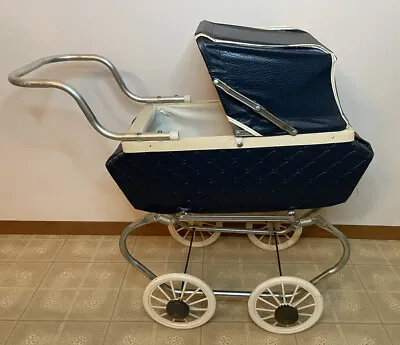 Vintage Quilted Faux Leather Navy Blue Baby Buggy Carriage Pram Doll Stroller • $174.97