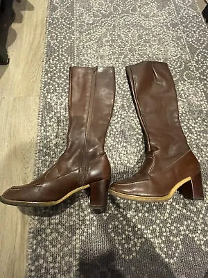 Vintage 1960’s Goloboots Brown Leather Knee High Boots Pull On Size 7.5 60s • $63.75