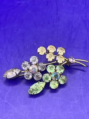 Vintage Austria Costume Rhinestone Floral Spray Brooch 3 X1.5  Green/yellow • $12