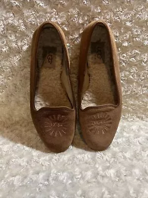 UGG Australia Suede Alloway Size 7.5 Brown Loafer Smoking Slippers Fleece Lined • $25.99